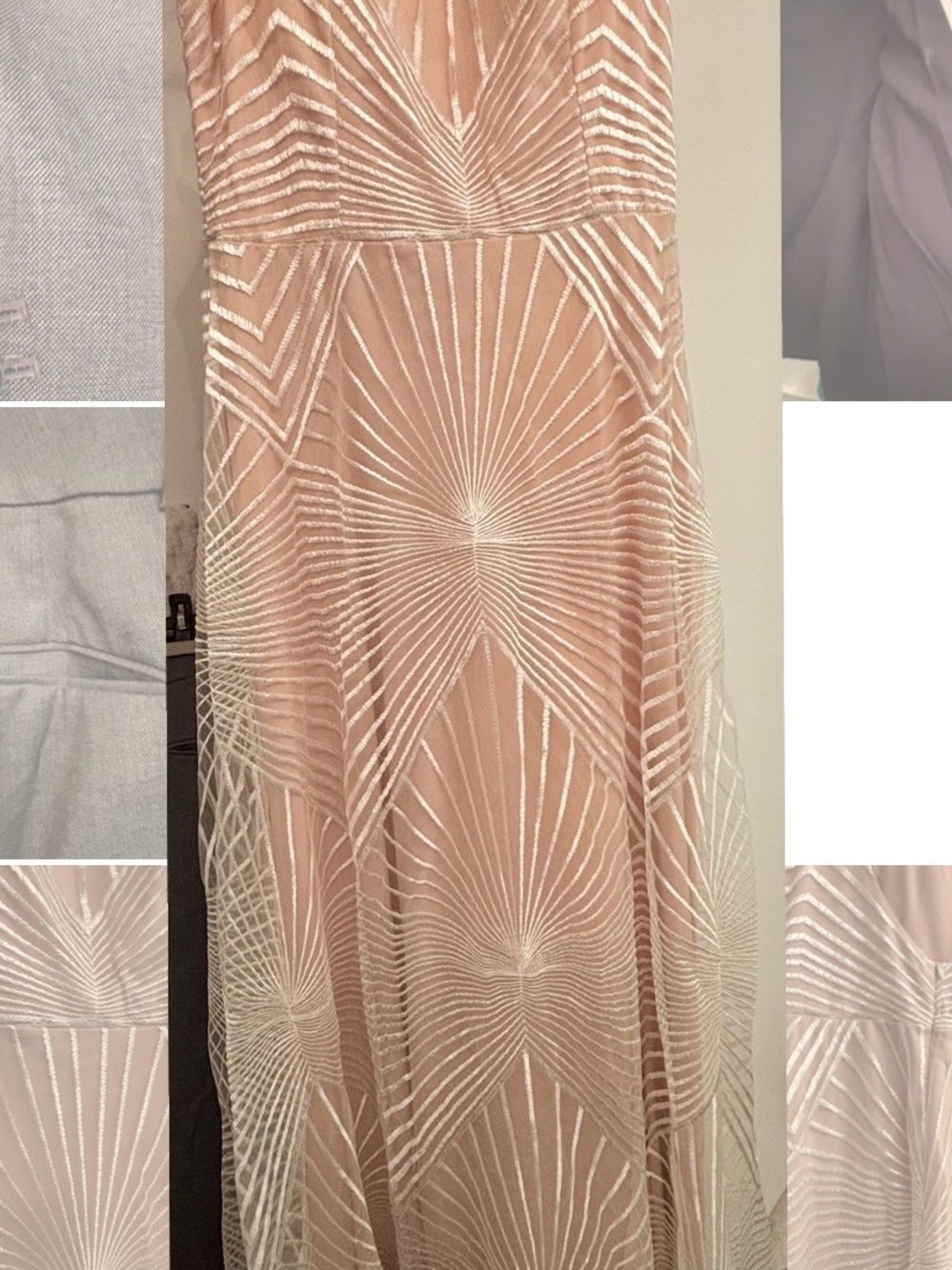 Champagne Embroidered Maxi Dress with nude slip and gorgeous silvery overlay.